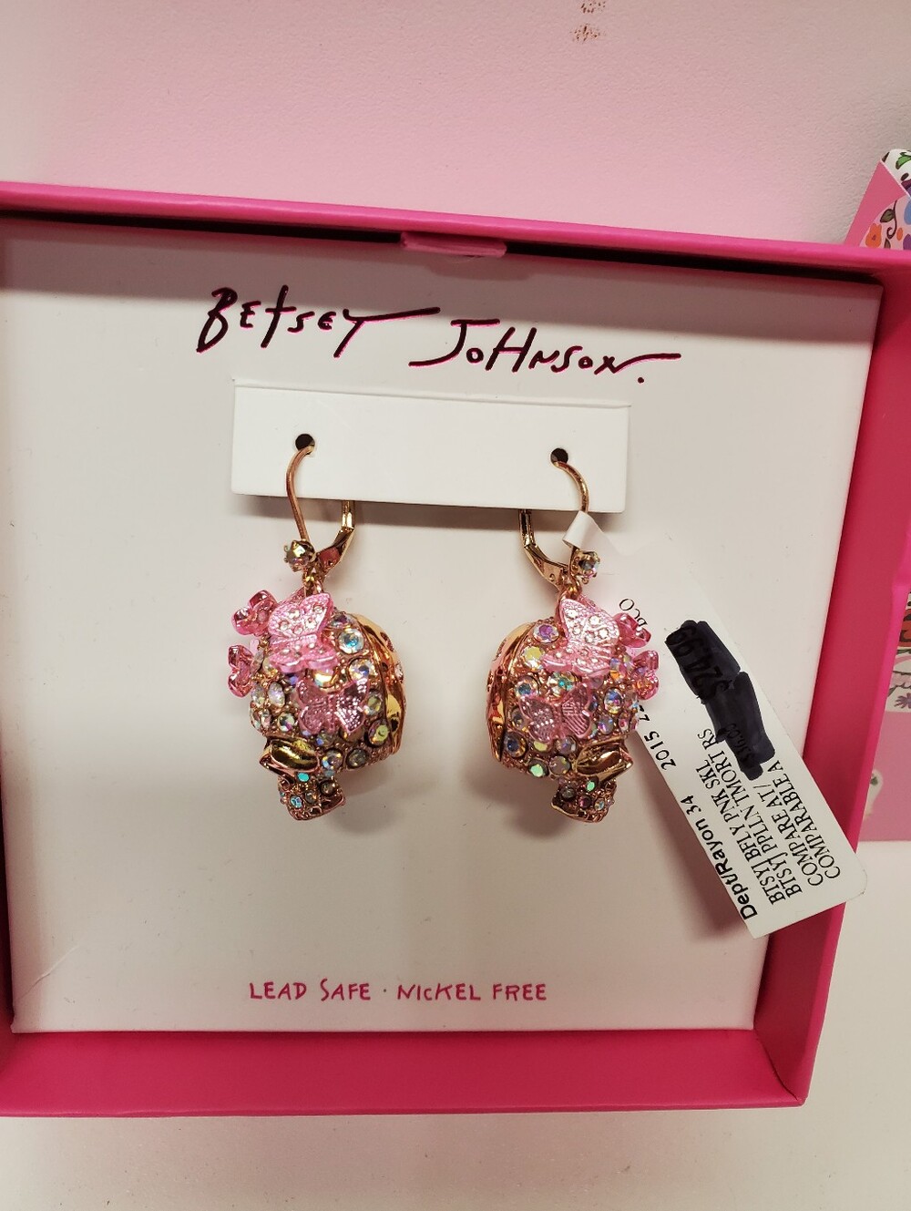 New! Betsey Johnson Gold Tone Chunky Sugar Skull Drop Earrings Butterfly Crystal